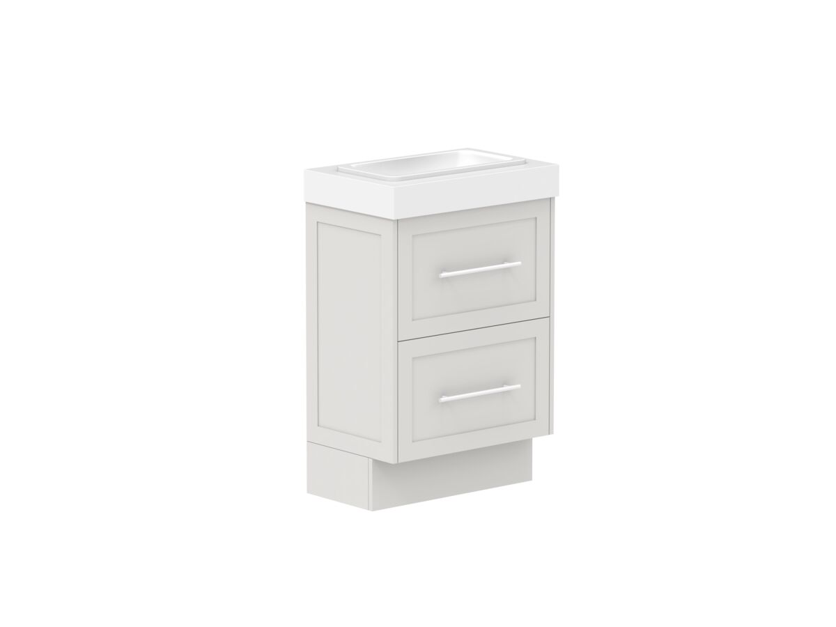 Reece Kado Lux Ensuite All Drawer Twin 600mm Floor Mounted Vanity Centre Basin 90mm Caesarstone Mineral Top