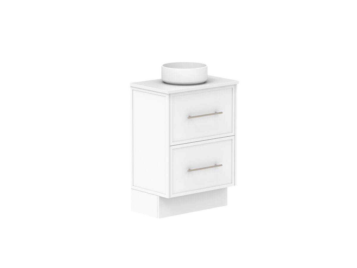 Reece Kado Lux Ensuite All Drawer Twin 600mm Floor Mounted Vanity Centre Basin 20mm Caesarstone Mineral Top