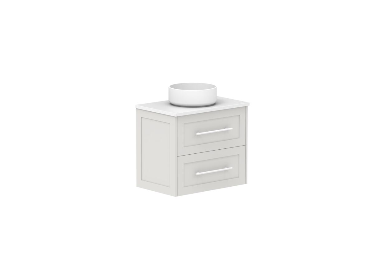 Reece Kado Lux Ensuite All Drawer Twin 600mm Wall Hung Vanity Centre Basin 20mm Caesarstone Mineral Top