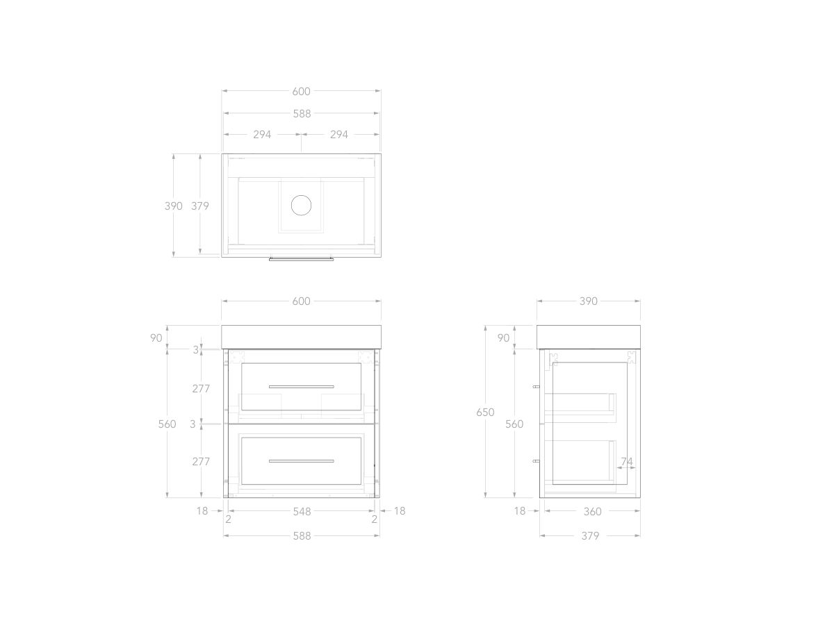 Reece Kado Lux Ensuite All Drawer Twin 600mm Wall Hung Vanity Centre Basin 90mm Cherry Pie Top