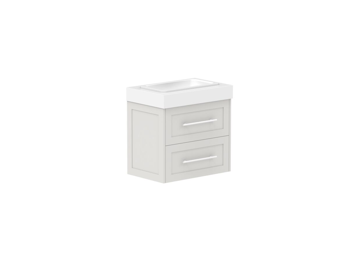 Reece Kado Lux Ensuite All Drawer Twin 600mm Wall Hung Vanity Centre Basin 90mm Caesarstone Mineral Top