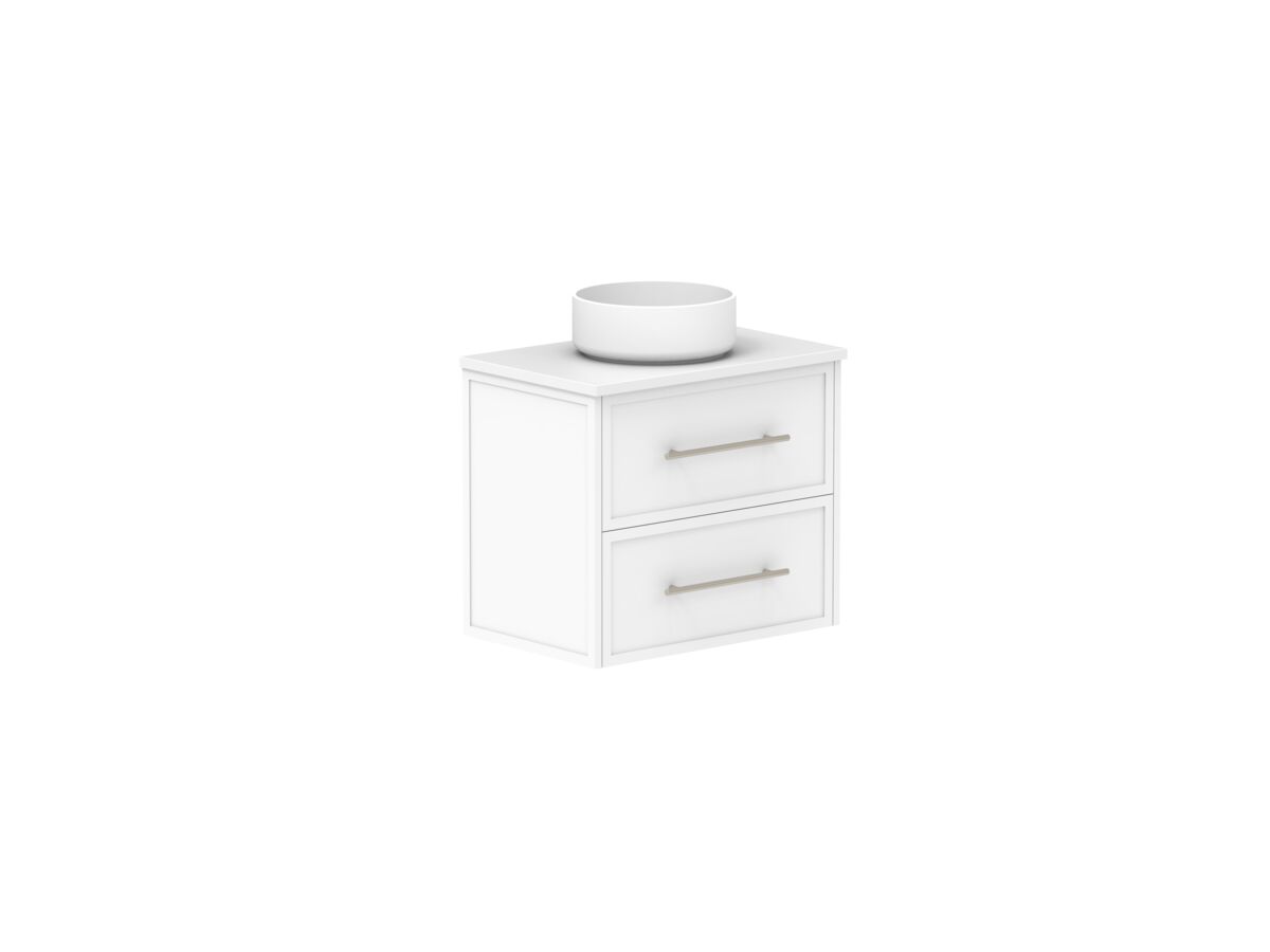 Reece Kado Lux Ensuite All Drawer Twin 600mm Wall Hung Vanity Centre Basin 20mm Caesarstone Mineral Top