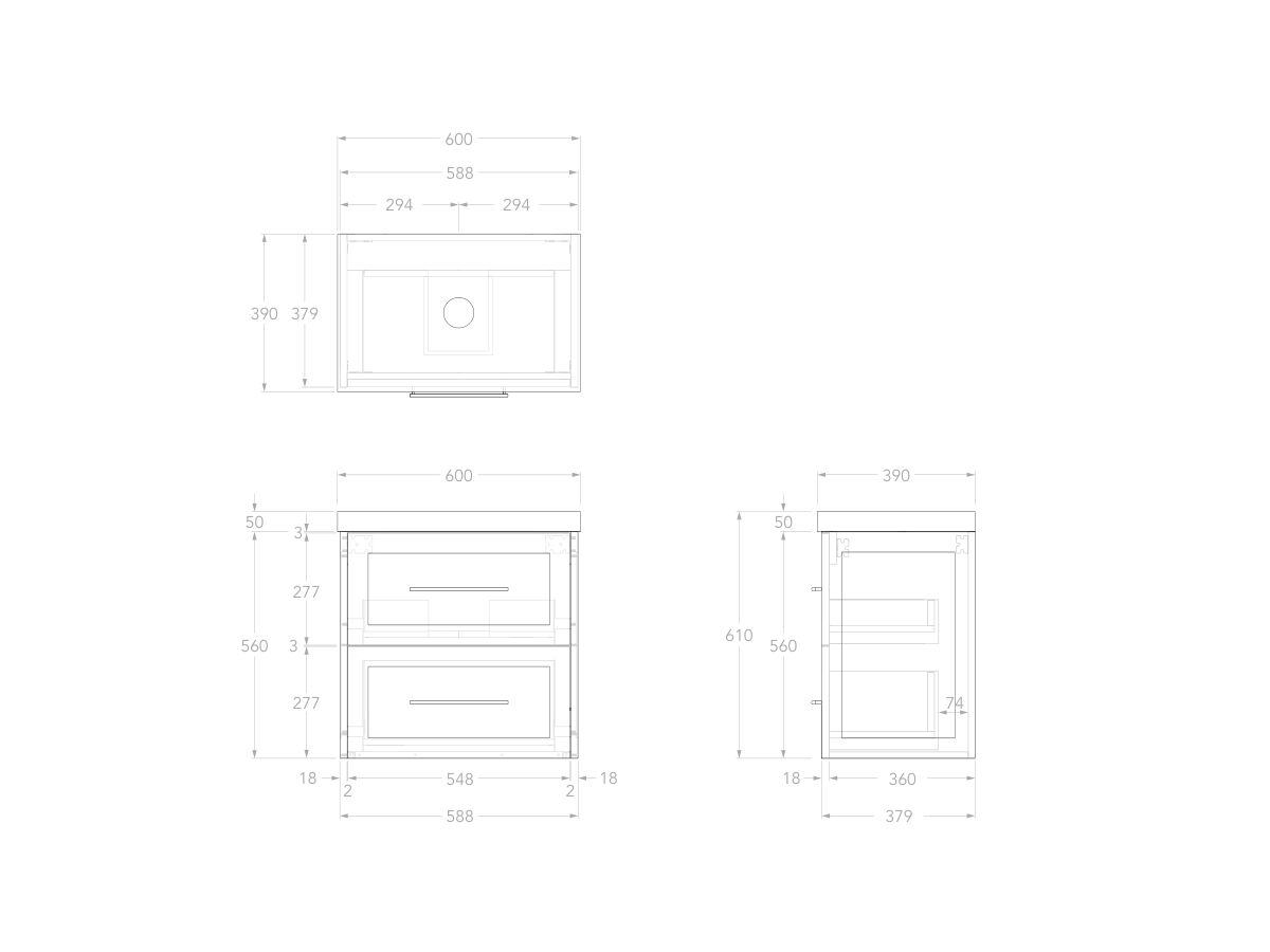 Reece Kado Lux Ensuite All Drawer Twin 600mm Wall Hung Vanity Centre Basin 50mm Cherry Pie Top