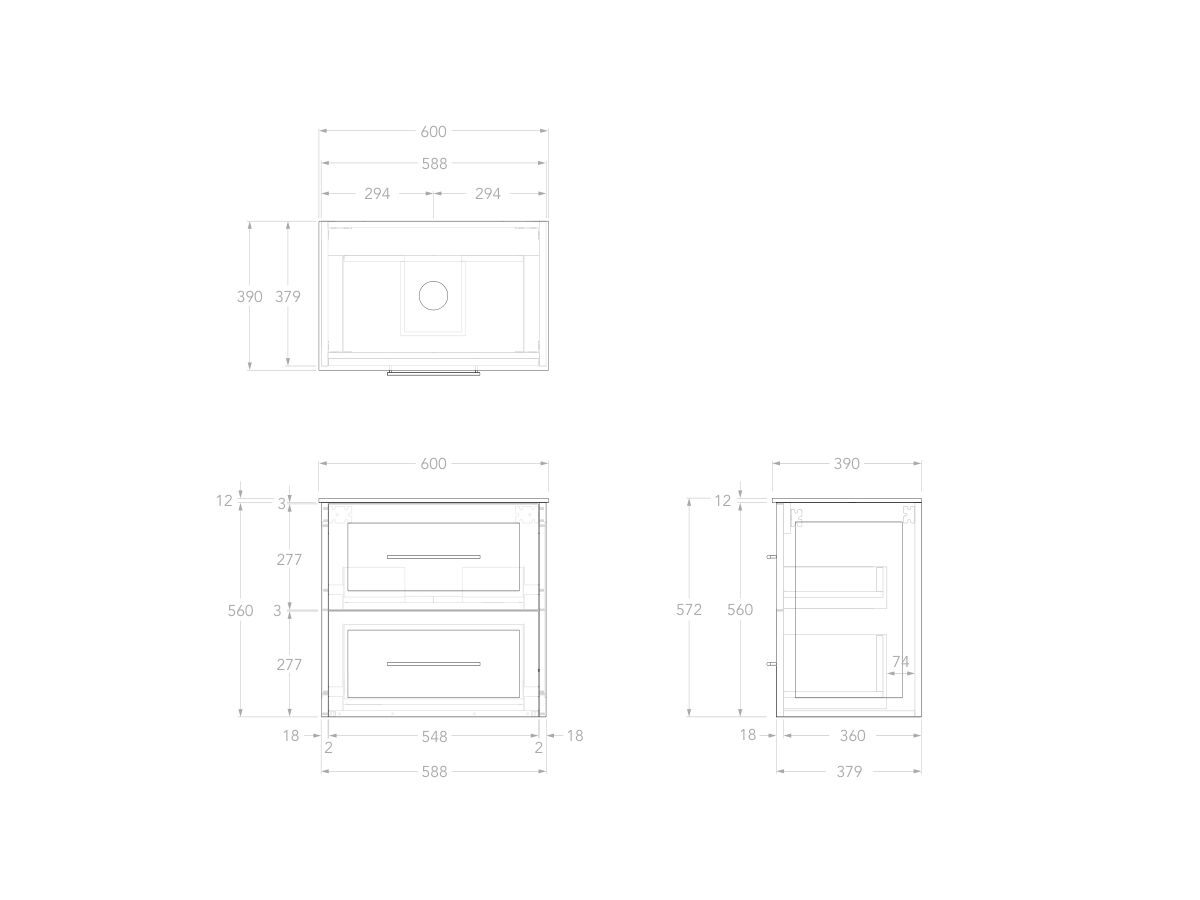 Reece Kado Lux Ensuite All Drawer Twin 600mm Wall Hung Vanity Centre Basin 12mm Durasein Top