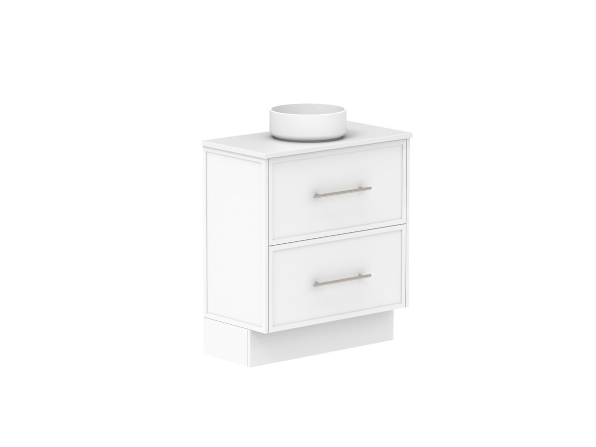 Reece Kado Lux Ensuite All Drawer Twin 750mm Floor Mounted Vanity Centre Basin 20mm Caesarstone Mineral Top