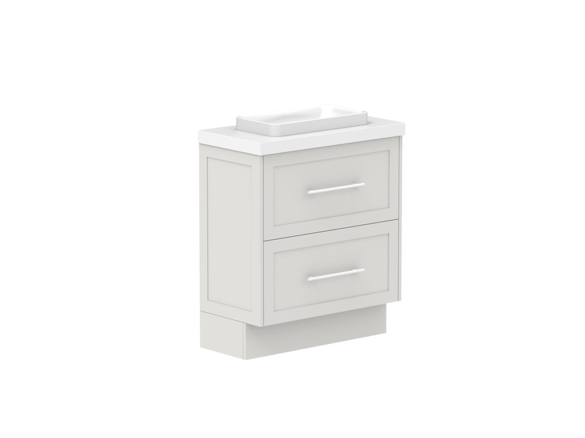 Reece Kado Lux Ensuite All Drawer Twin 750mm Floor Mounted Vanity Centre Basin 50mm Caesarstone Mineral Top