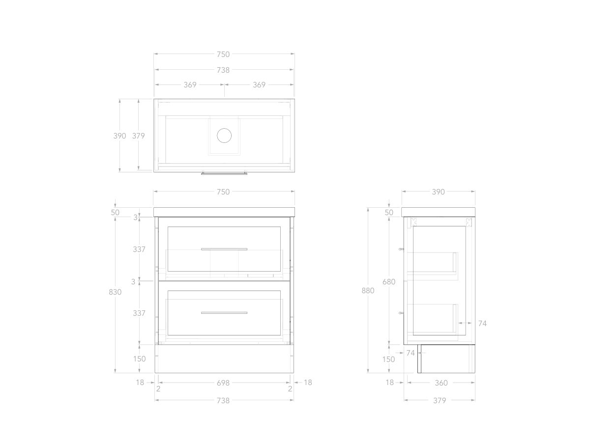 Reece Kado Lux Ensuite All Drawer Twin 750mm Floor Mounted Vanity Centre Basin 50mm Cherry Pie Top