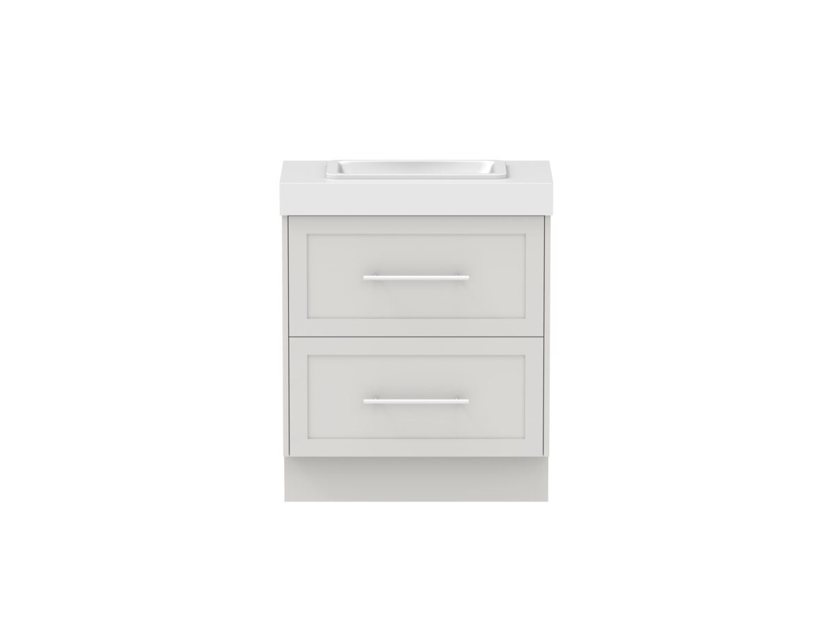 reece Kado Lux Ensuite All Drawer Twin 750mm Floor Mounted Vanity Centre Basin 90mm Caesarstone Mineral Top