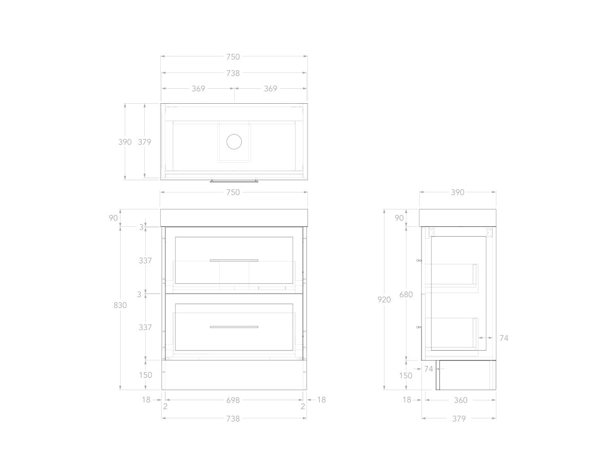 Reece Kado Lux Ensuite All Drawer Twin 750mm Floor Mounted Vanity Centre Basin 90mm Durasein Top