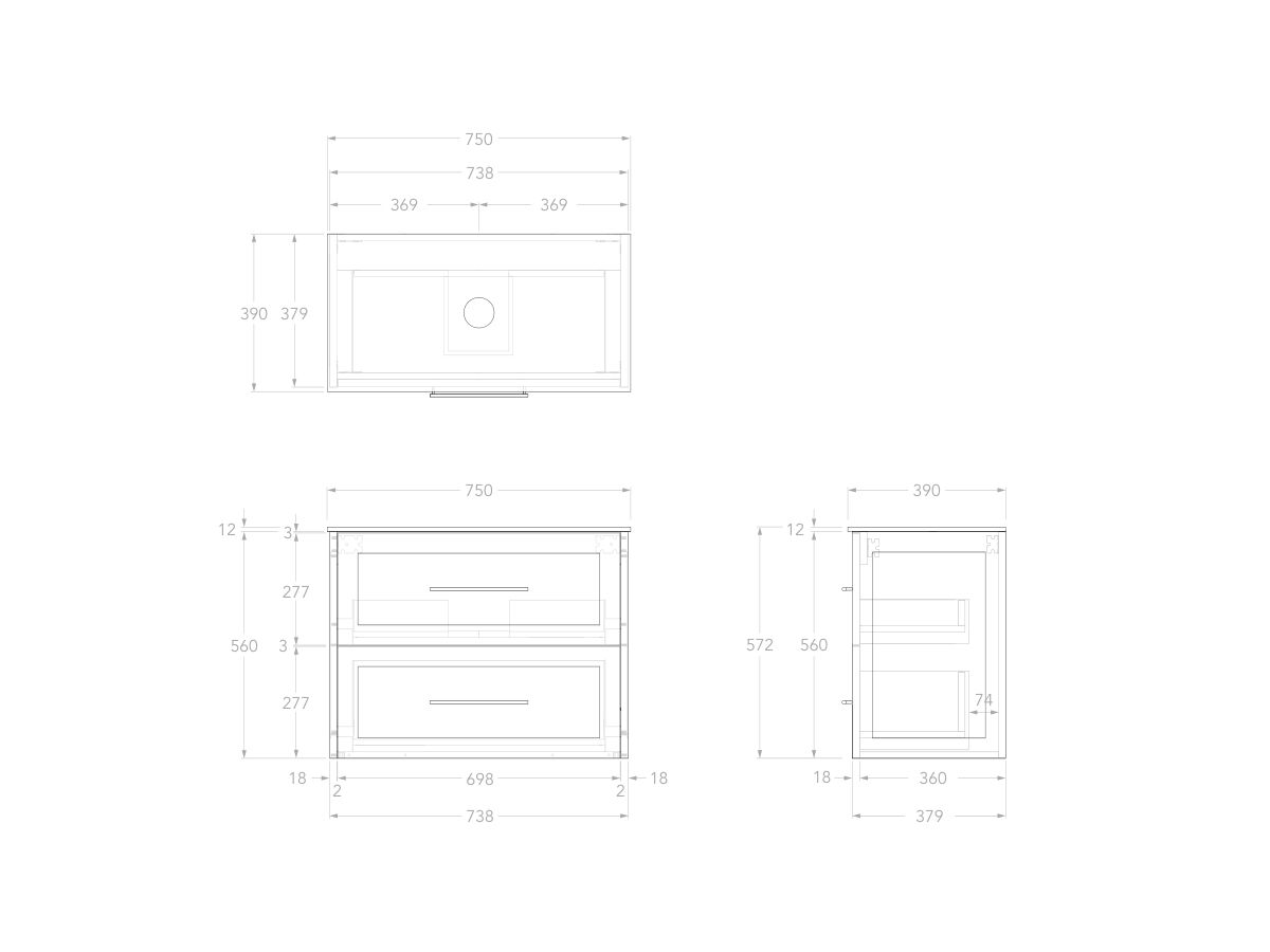 Reece Kado Lux Ensuite All Drawer Twin 750mm Wall Hung Vanity Centre Basin 12mm Durasein Top