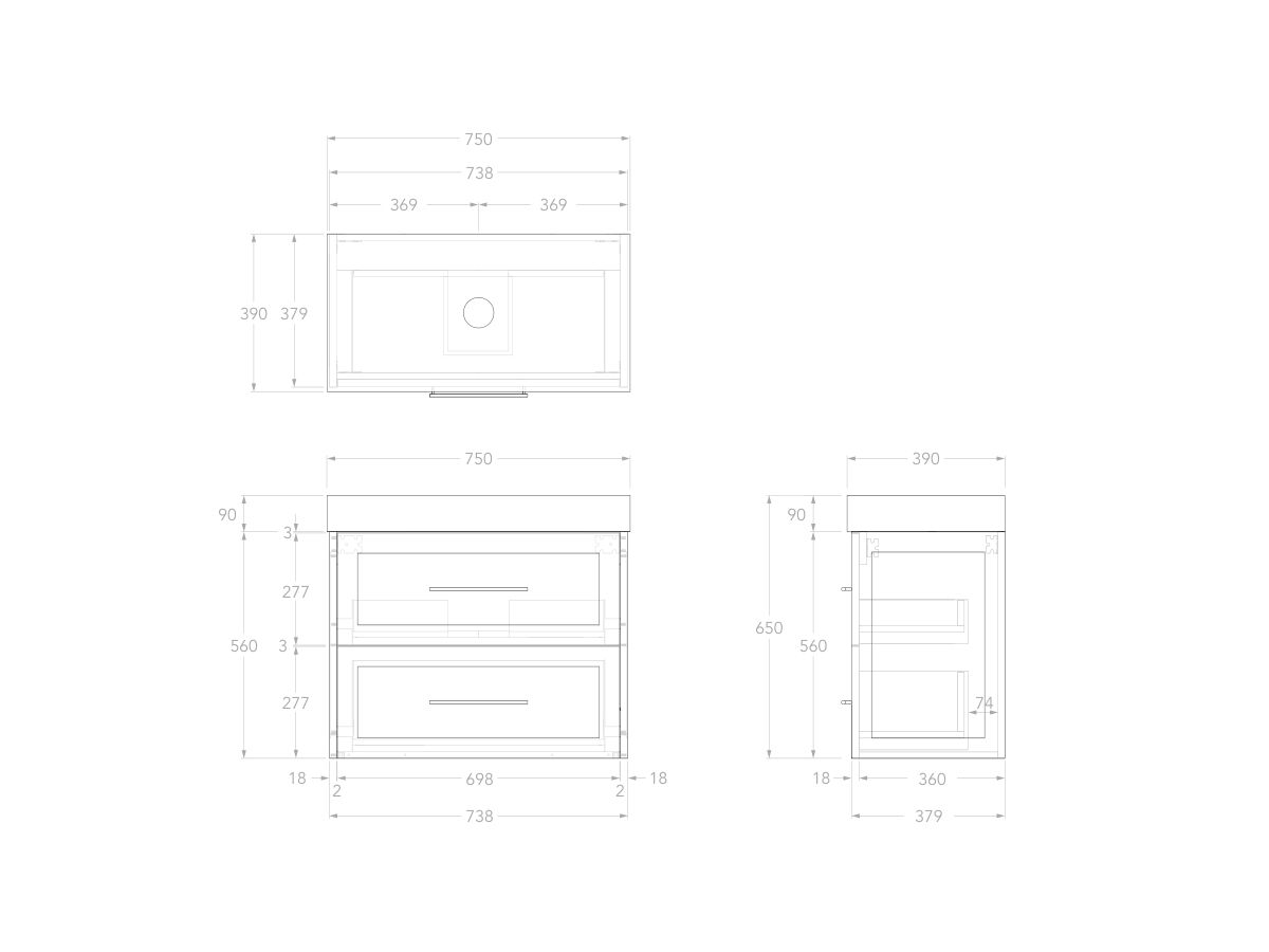 Reece Kado Lux Ensuite All Drawer Twin 750mm Wall Hung Vanity Centre Basin 90mm Caesarstone Mineral Top