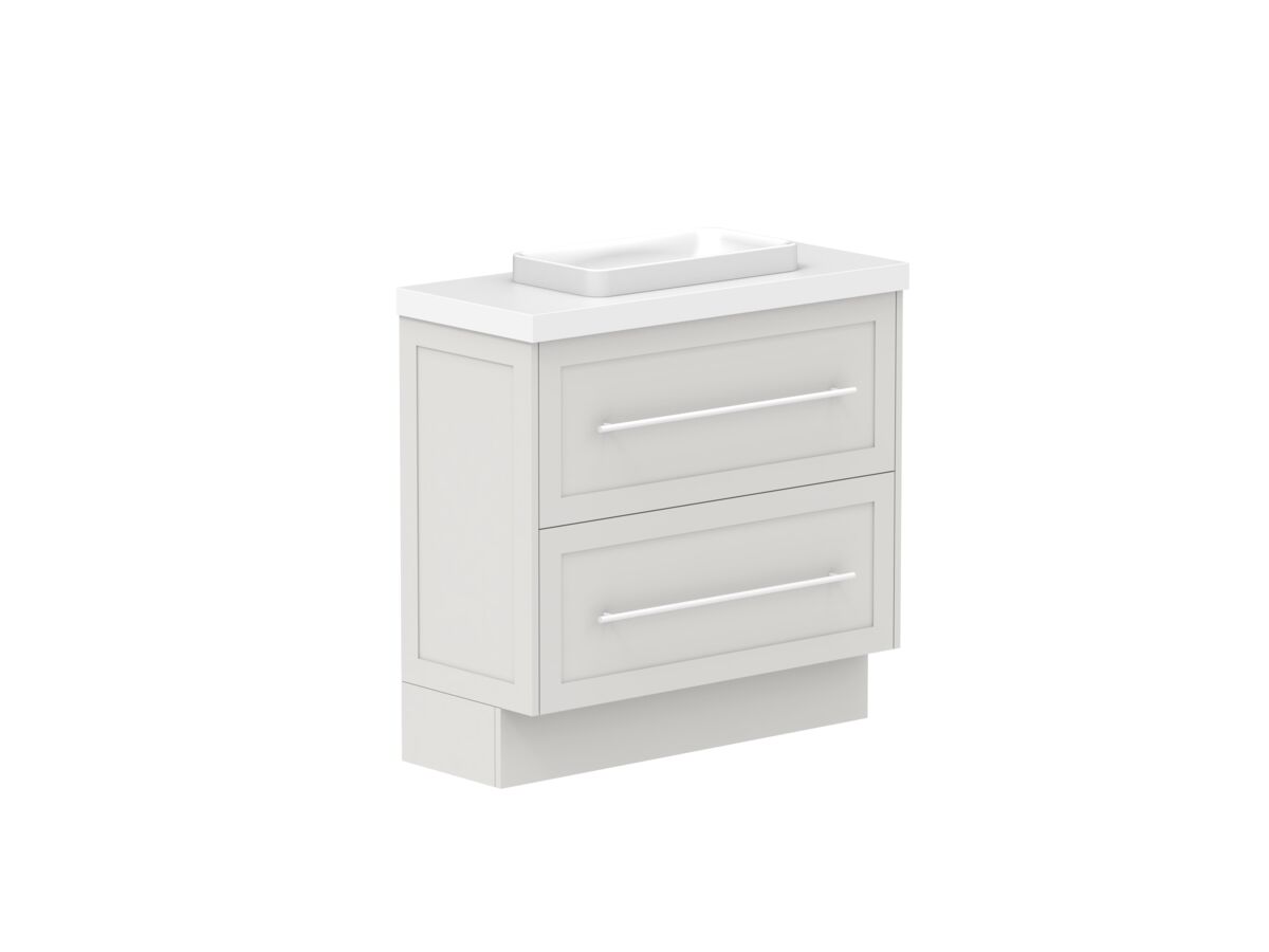 Reece Kado Lux Ensuite All Drawer Twin 900mm Floor Mounted Vanity Centre Basin 50mm Caesarstone Mineral Top
