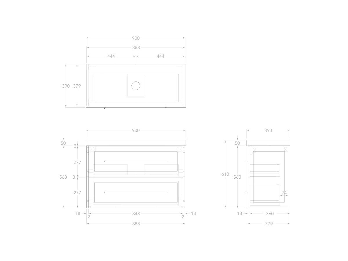 Reece Kado Lux Ensuite All Drawer Twin 900mm Wall Hung Vanity Centre Basin 50mm Caesarstone Mineral Top