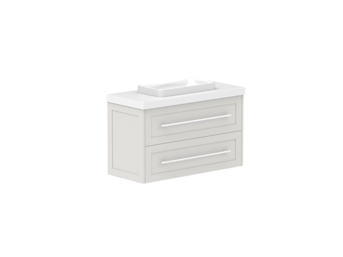 Reece Kado Lux Ensuite All Drawer Twin 900mm Wall Hung Vanity Centre Basin 50mm Caesarstone Mineral Top