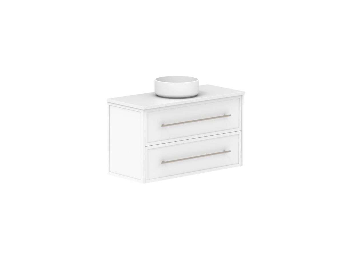 Reece Kado Lux Ensuite All Drawer Twin 900mm Wall Hung Vanity Centre Basin 20mm Caesarstone Mineral Top
