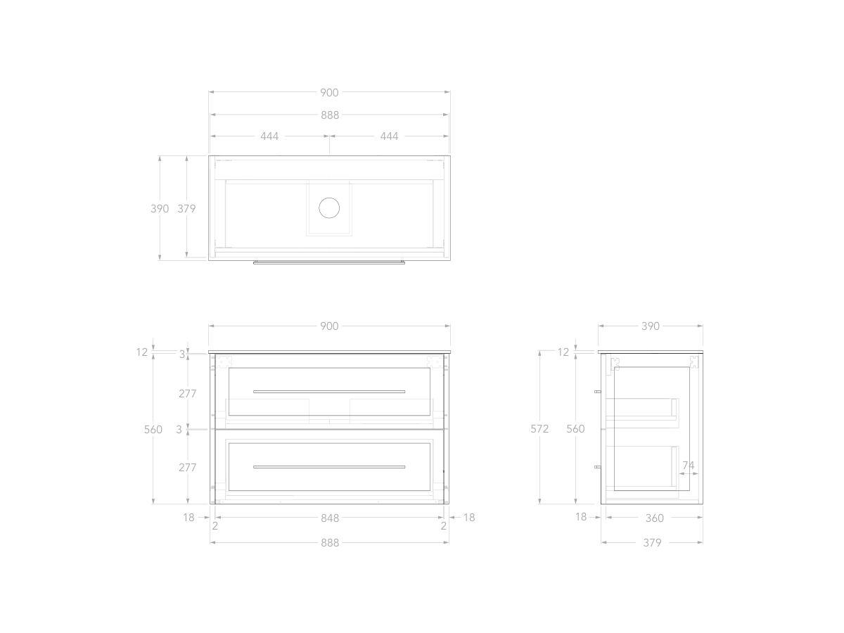 Reece Kado Lux Ensuite All Drawer Twin 900mm Wall Hung Vanity Centre Basin 12mm Durasein Top