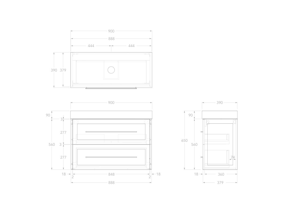 Reece Kado Lux Ensuite All Drawer Twin 900mm Wall Hung Vanity Centre Basin 90mm Cherry Pie Top
