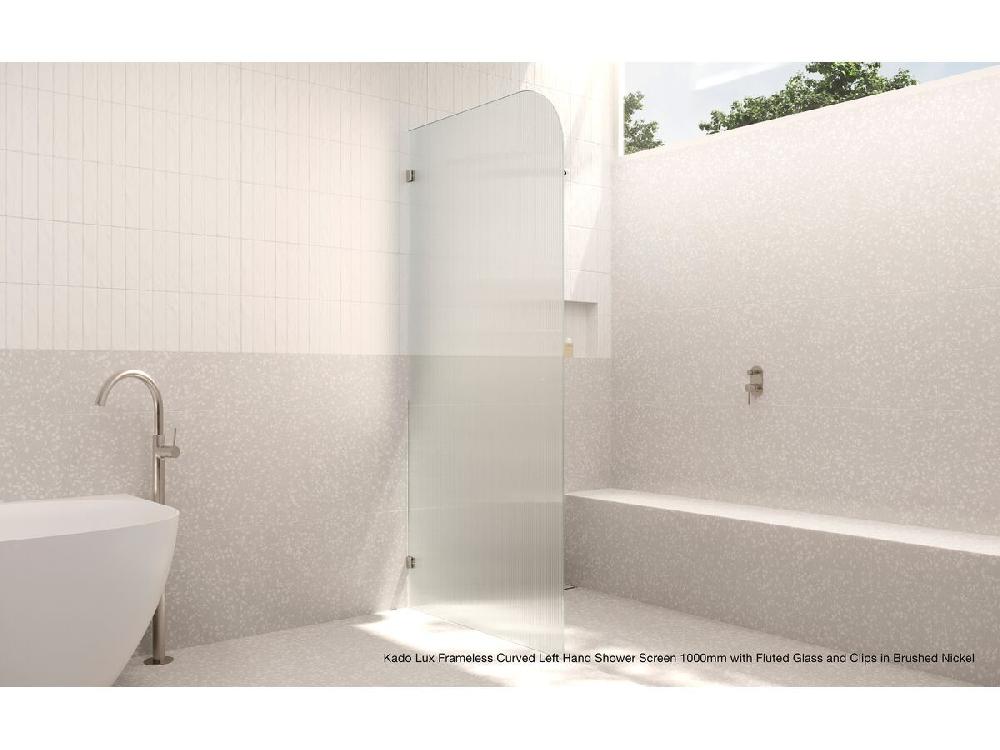 Reece Kado Lux Frameless Curved Left Fluted Panel With Wall Clips 900mm Brushed Nickel
