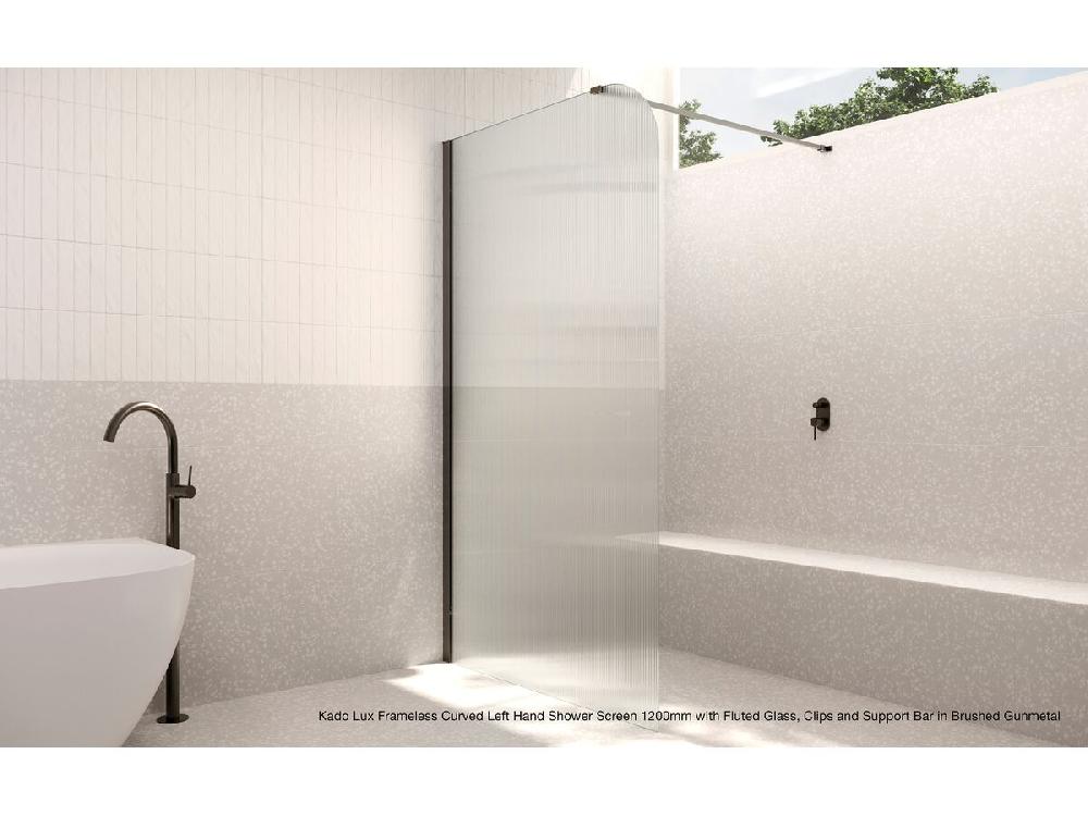 Reece Kado Lux Frameless Curved Left Fluted Panel With Wall Clips 900mm Brushed Nickel