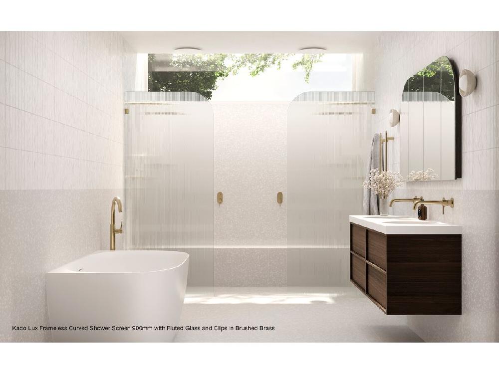 Reece Kado Lux Frameless Curved Left Fluted Panel With Wall Clips 900mm Brushed Nickel