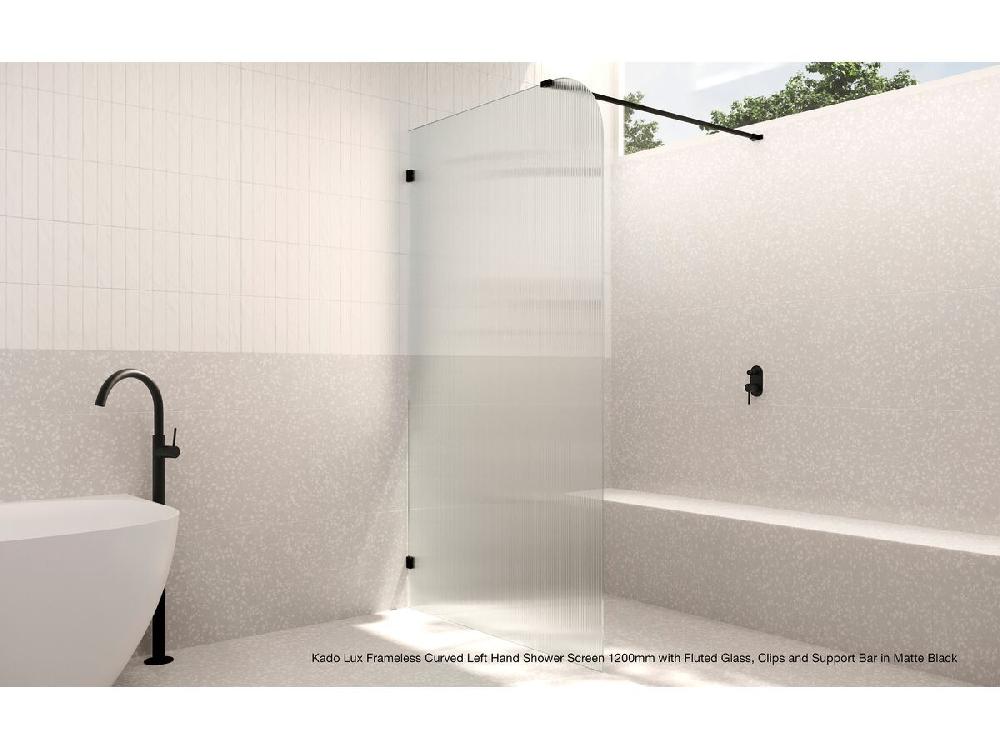 Reece Kado Lux Frameless Curved Left Fluted Panel With Wall Channel 900mm Brushed Nickel