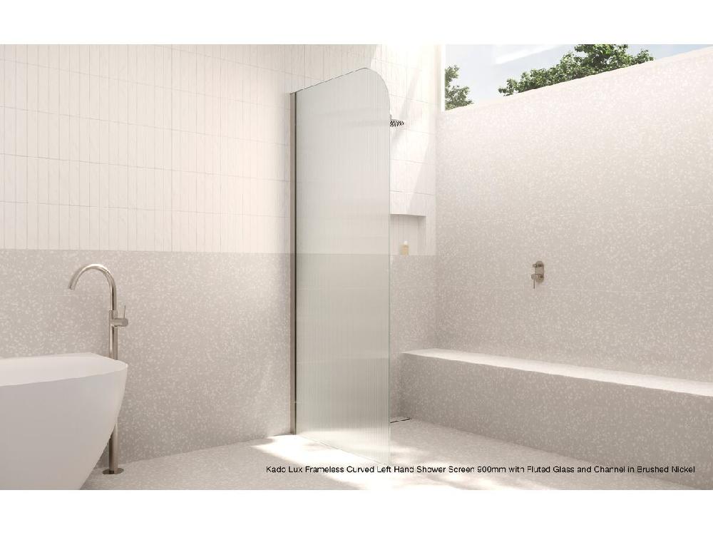 Reece Kado Lux Frameless Curved Left Fluted Panel With Wall Channel 900mm Brushed Nickel