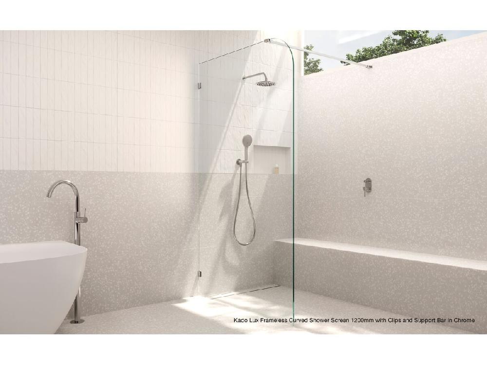 Reece Kado Lux Frameless Curved Panel With Wall Clips Clear Glass 1000mm Chrome