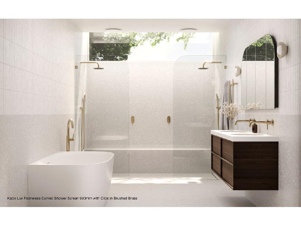 Reece Kado Lux Frameless Curved Panel With Wall Clips Clear Glass 900mm Brushed Gunmetal
