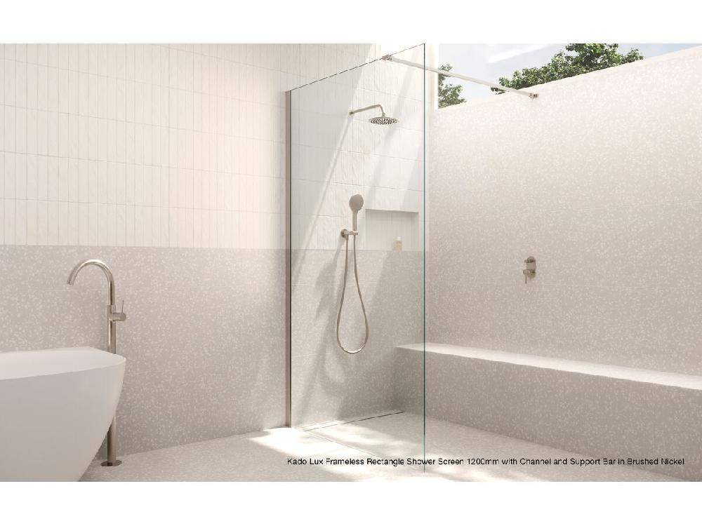 Reece Kado Lux Frameless Rectangular Panel With Wall Channel Clear Glass 900mm Brushed Nickel