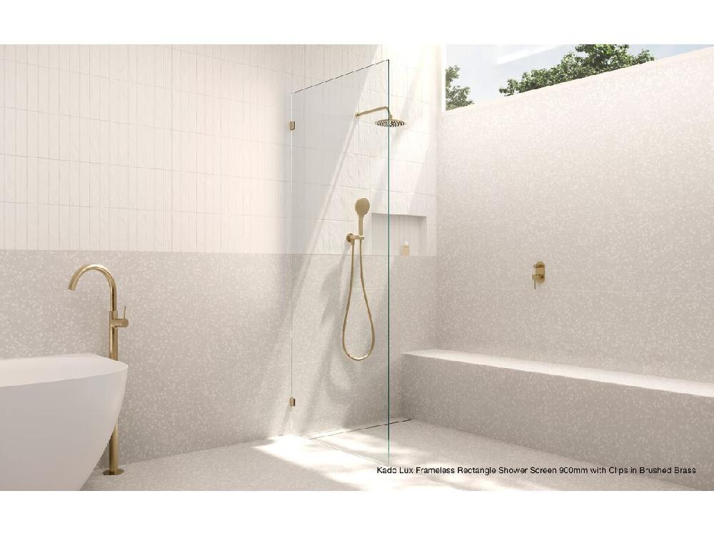 Reece Kado Lux Frameless Rectangular Panel With Wall Clips Clear Glass 1200mm Brushed Brass