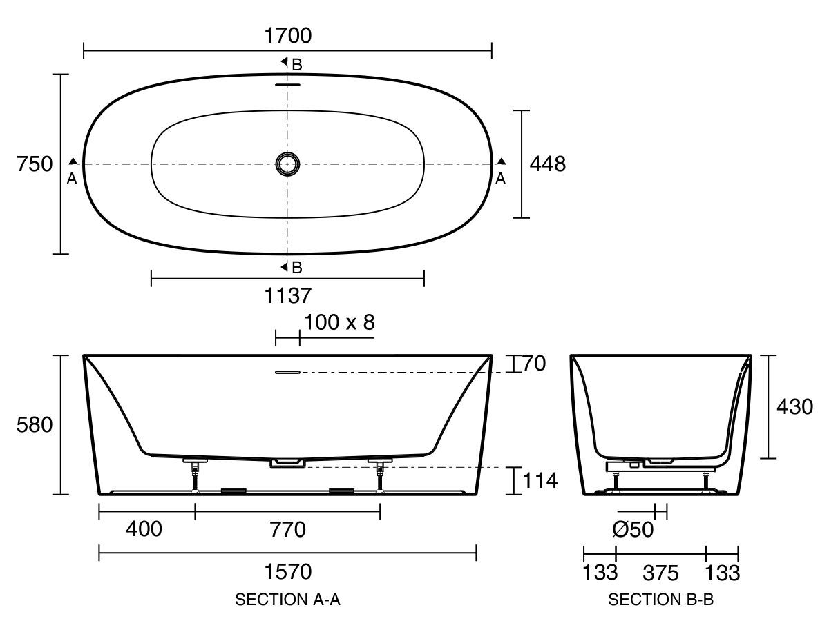 Reece Kado Lux Freestanding Bath 1700mm X 750mm X 580mm With Overflow Matte White
