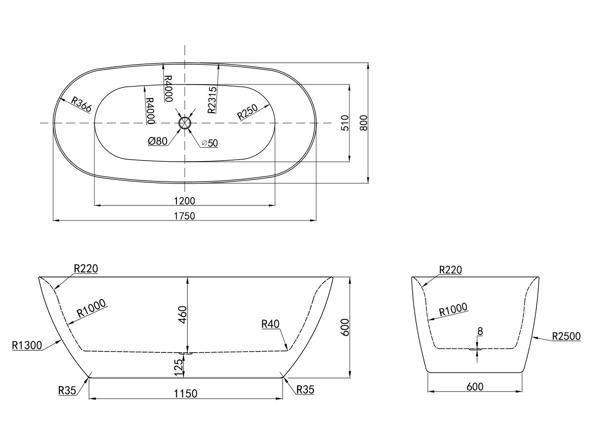 Reece Kado Lux Oval Freestanding Bath 1750mm X 800mm X 600mm White
