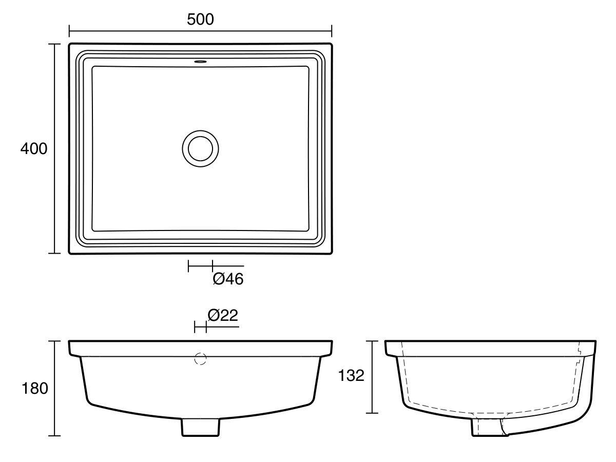 Reece Kado Lux Rectangle Under Counter Basin 500mm X 400mm Overflow White