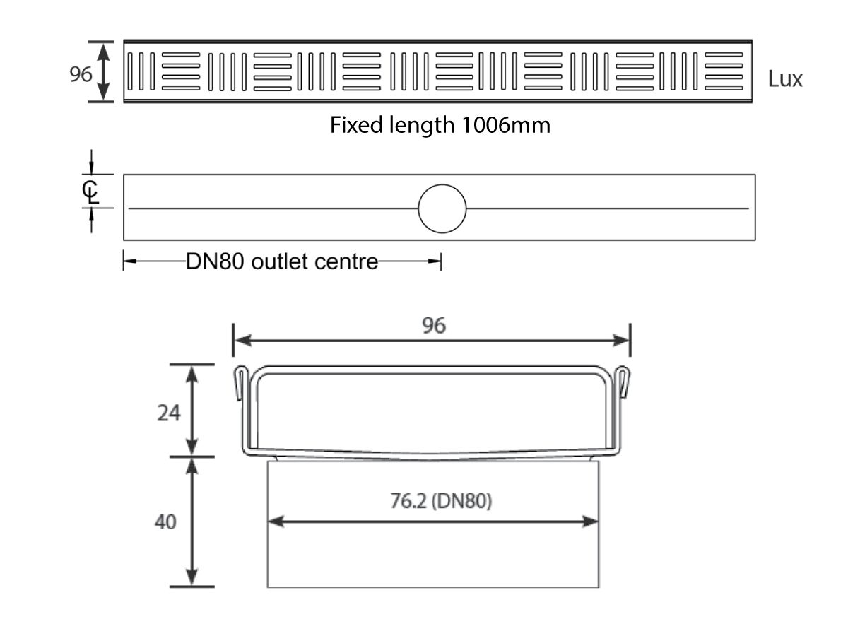 Reece Kado Lux Shower Channel Welded Ends Centre Outlet Satin 1000mm
