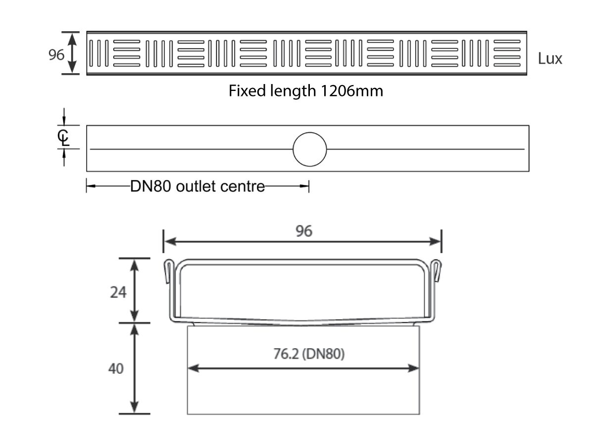 Reece Kado Lux Shower Channel Welded Ends Centre Outlet Satin 1200mm