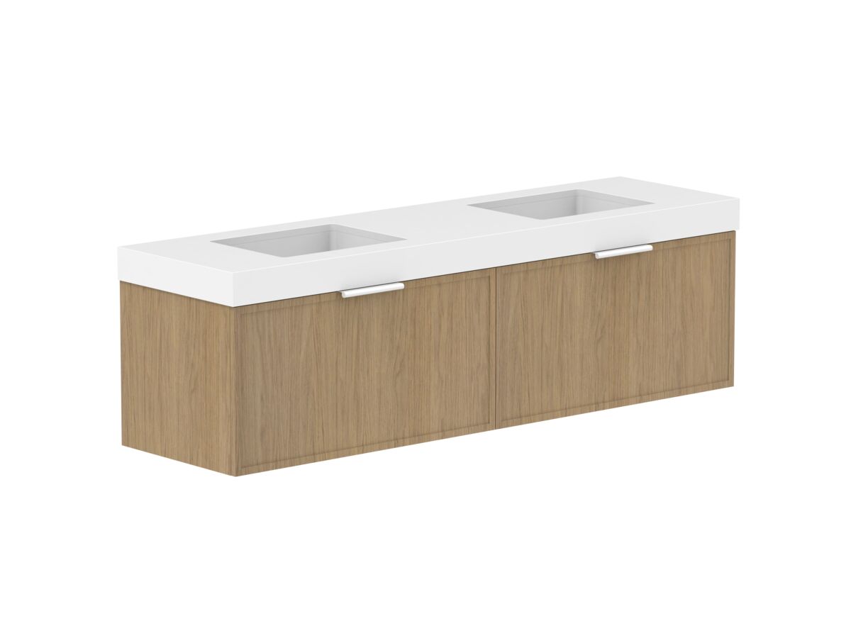reece Kado Lux Slim All Drawer 1800mm Wall Hung Vanity Double Basin 90mm Caesarstone Mineral Top