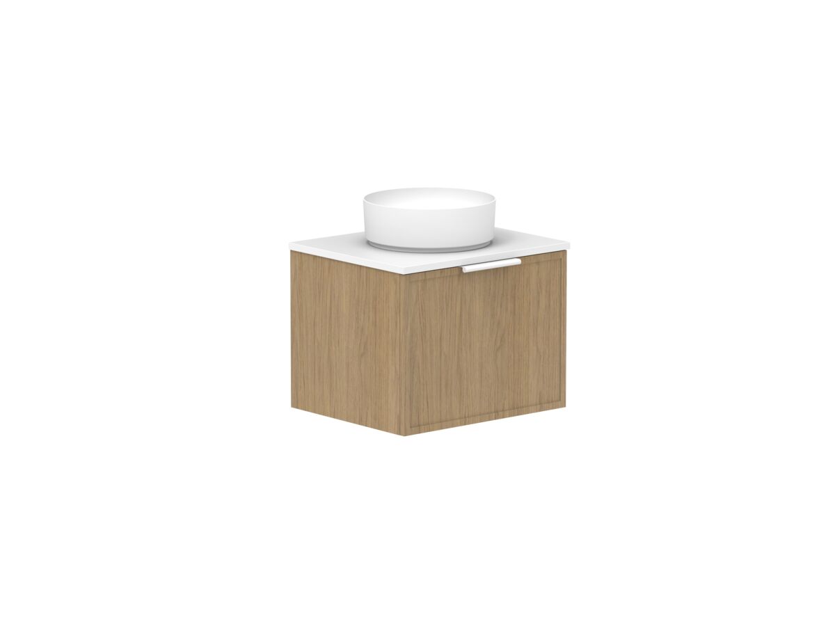 reece Kado Lux Slim All Drawer 600mm Wall Hung Vanity Centre Basin 20mm Caesarstone Mineral Top