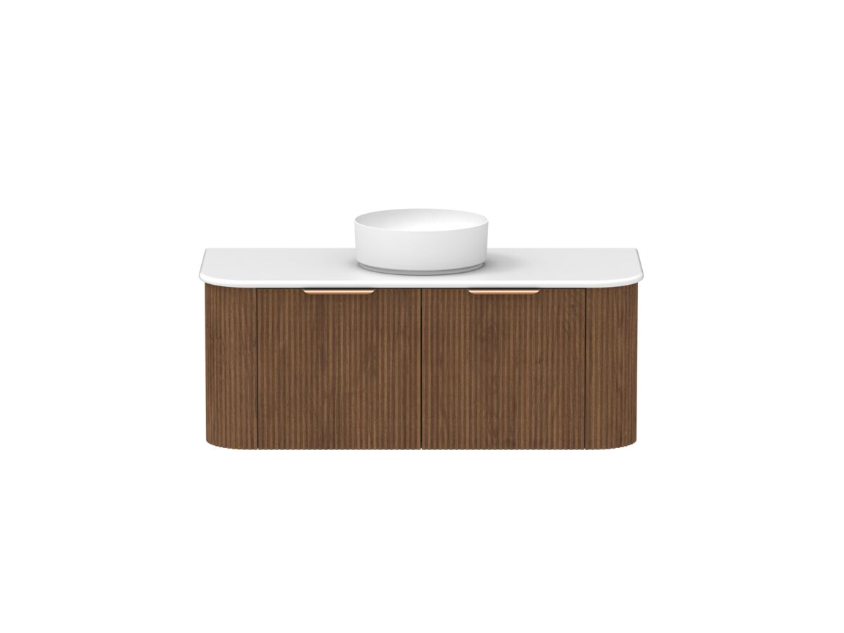 reece Kado Neue Fluted Double Curve All Door 1200mm Wall Hung Vanity Centre Basin 20mm Caesarstone Mineral Top