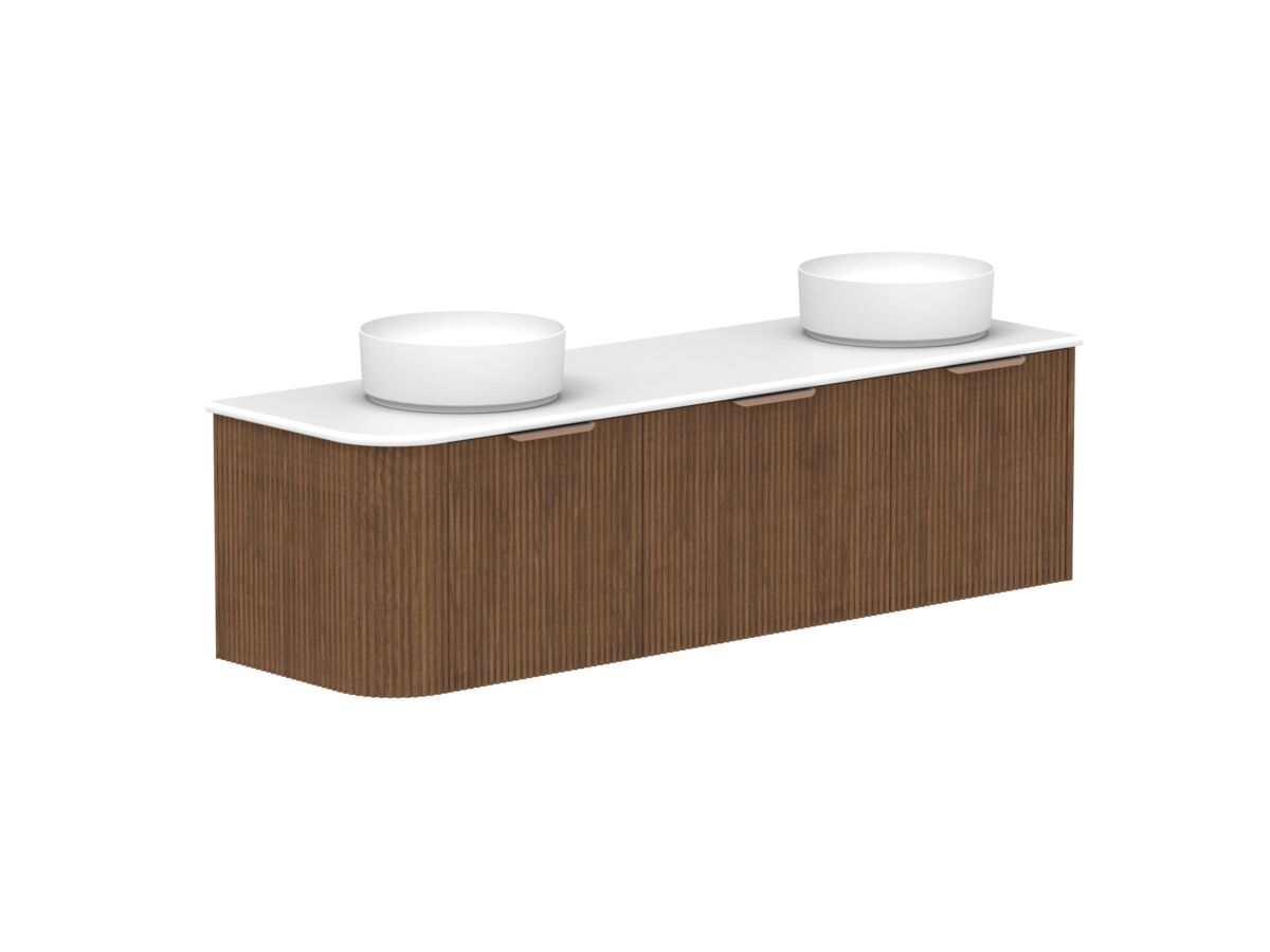 reece Kado Neue Fluted Single Curve All Door 1650mm Wall Hung Vanity Double Basin 20mm Cherry Pie Top
