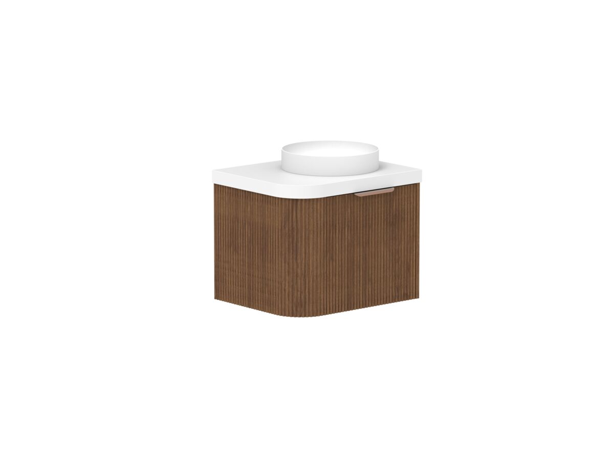 reece Kado Neue Fluted Single Curve All Door 600mm Wall Hung Vanity Centre Basin 50mm Durasein Top