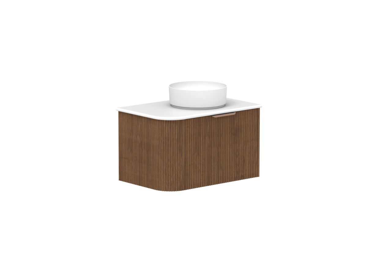 reece Kado Neue Fluted Single Curve All Door 750mm Wall Hung Vanity Centre Basin 20mm Caesarstone Mineral Top