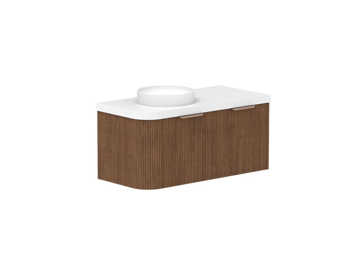 reece Kado Neue Fluted Single Curve All Drawer 1050mm Wall Hung Vanity Left Hand Basin 50mm Durasein Top
