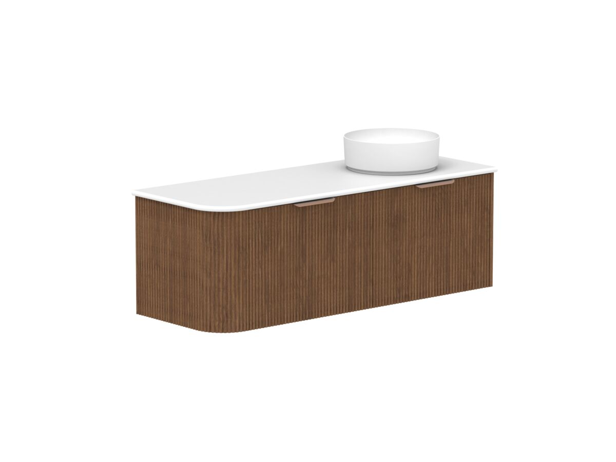 reece Kado Neue Fluted Single Curve All Drawer 1350mm Wall Hung Vanity Right Hand Basin 20mm Cherry Pie Top