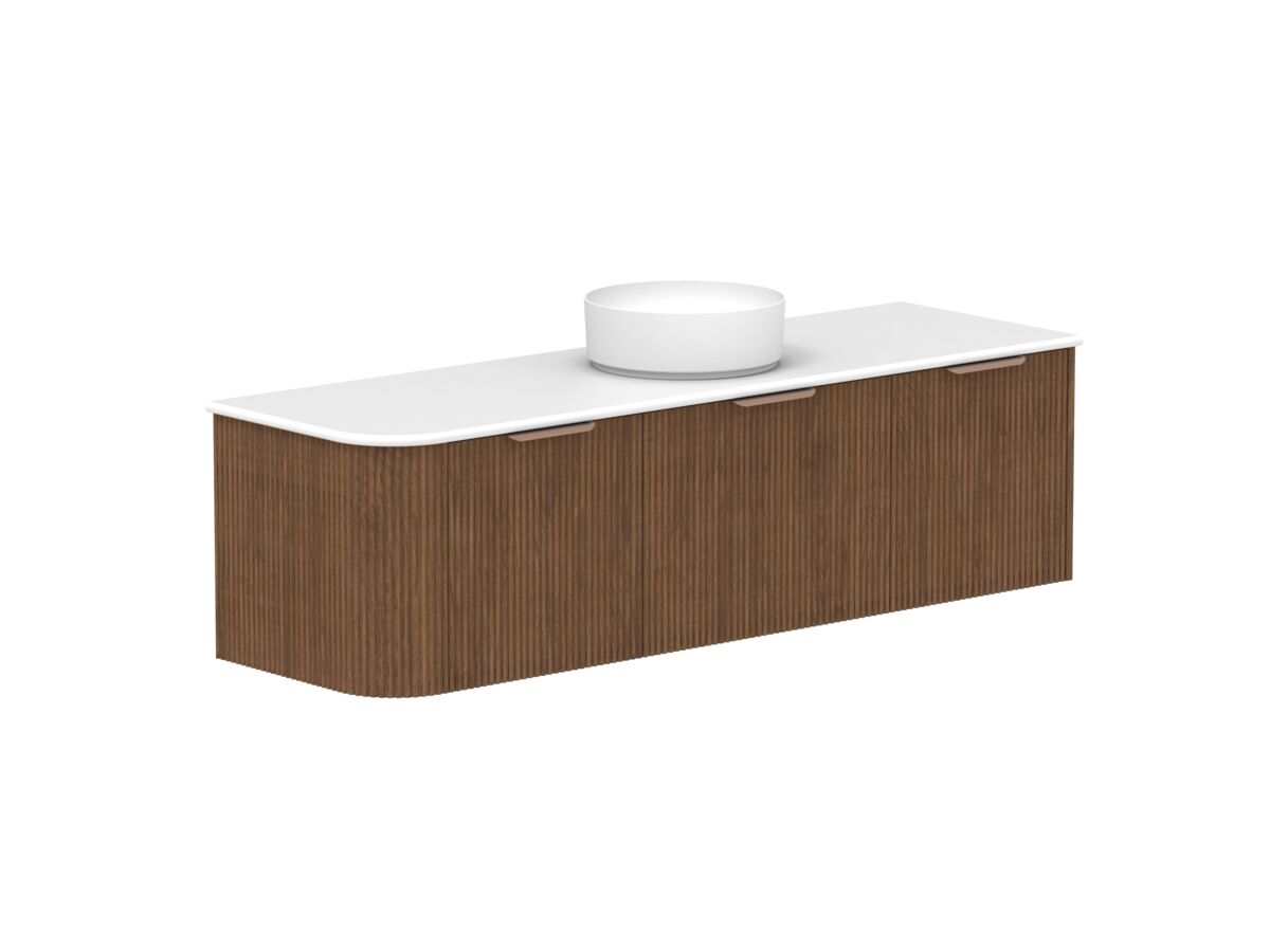 reece Kado Neue Fluted Single Curve All Drawer 1650mm Wall Hung Vanity Centre Basin 20mm Cherry Pie Top