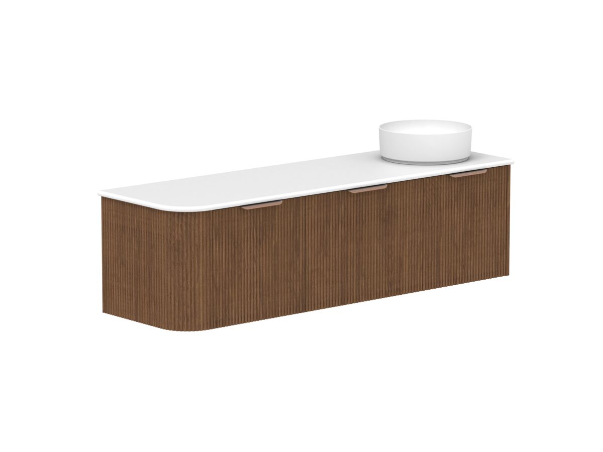 reece Kado Neue Fluted Single Curve All Drawer 1650mm Wall Hung Vanity Right Hand Basin 20mm Caesarstone Mineral Top