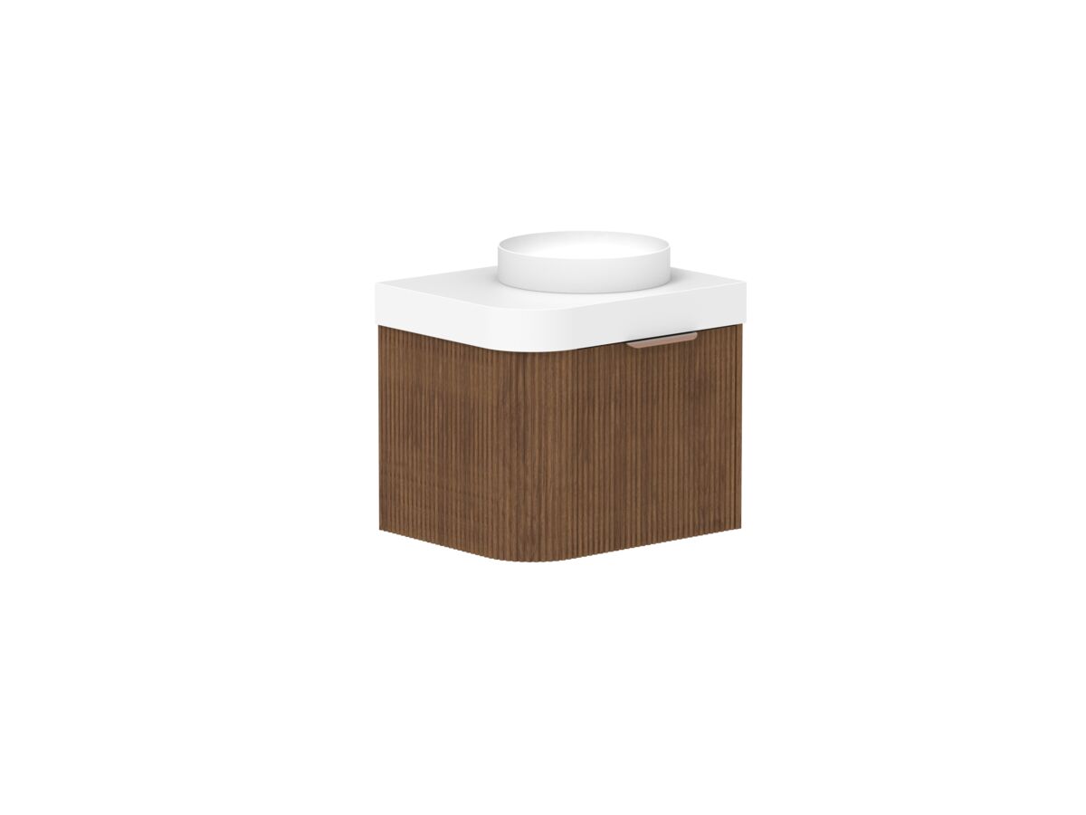 reece Kado Neue Fluted Single Curve All Drawer 600mm Wall Hung Vanity Centre Basin 90mm Durasein Top