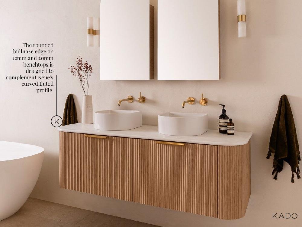 Reece Kado Neue Fluted Single Curve All Drawer 750mm Wall Hung Vanity Centre Basin 20mm Caesarstone Mineral Top