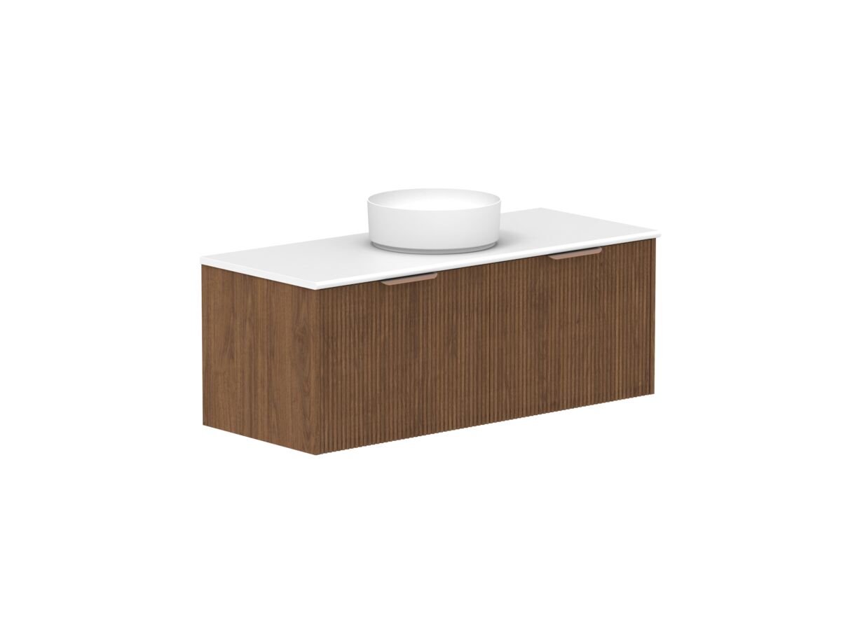 reece Kado Neue Fluted Square All Door 1200mm Wall Hung Vanity Centre Basin 20mm Cherry Pie Top