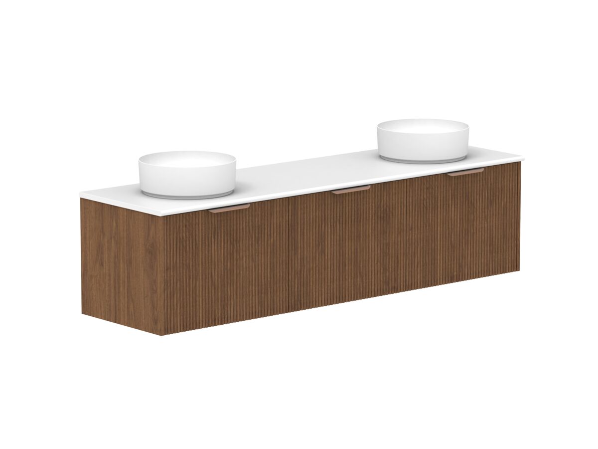 reece Kado Neue Fluted Square All Door 1800mm Wall Hung Vanity Double Basin 20mm Caesarstone Mineral Top