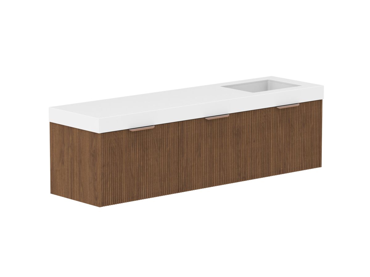reece Kado Neue Fluted Square All Door 1800mm Wall Hung Vanity Right Hand Basin 90mm Caesarstone Mineral Top